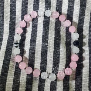 Handmade Pink and Blurry White Beaded Stretch Ankle Bracelet with Silver Accents